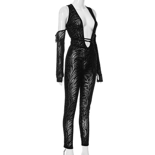 About That Animal Plunge Long Sleeve Mesh Jumpsuit