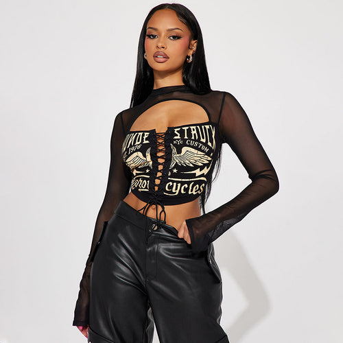 Moto Babe Lace Up Mesh Panel Long Sleeve Crop Top