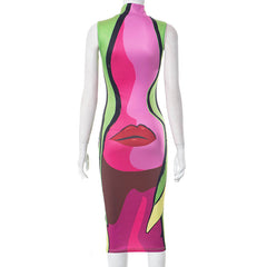 Read My Lips Mock Neck Sleeveless Printed Midi Dress