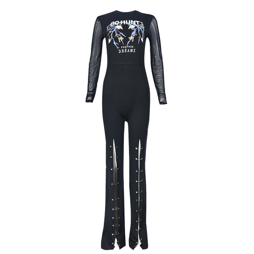 Go Hunt For Your Dreams Graphic Mesh Sleeve Safety Pin Jumpsuit