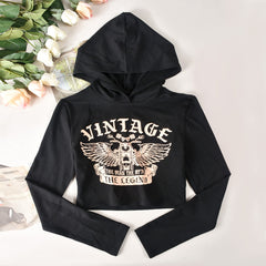 Vintage Legend Graphic Long Sleeve Hooded Crop Top