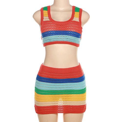 Nonstop Trippin' Crochet Sleeveless Striped Mini Skirt Set