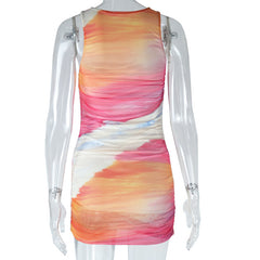 Jenna Watercolor Mesh Overlay Sleeveless Ruched Mini Dress
