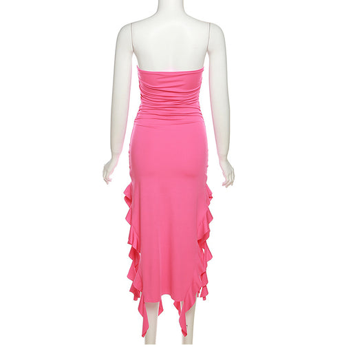 Strapless Ruffle Midi Dress