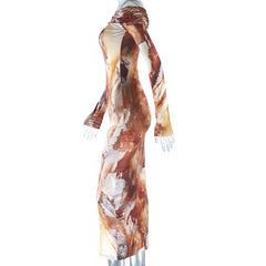 Off The Shoulder Long Sleeve Printed Midi Dress