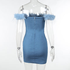 Total Temptation Feather Off Shoulder Denim Mini Dress