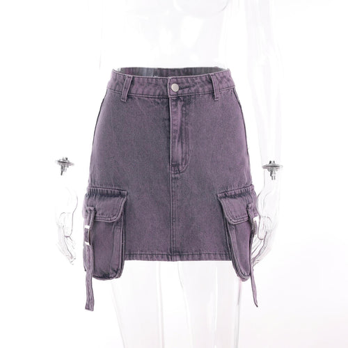 Truth Or Dare High Waist Washed Denim Cargo Mini Skirt