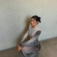 Autumn round Neck Long Sleeve Striped Print Slim Fit High Waist Maxi Dress