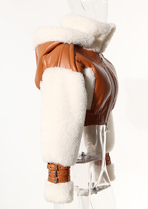 Ski Ready Cropped Faux Leather Shearling Moto Jacket