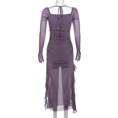 Mesh Ruffle Long Sleeve Square Collar Maxi Dress