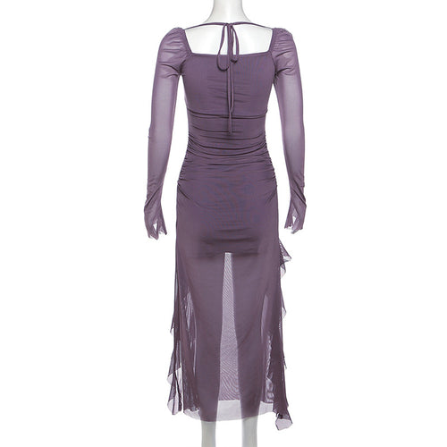 Mesh Ruffle Long Sleeve Square Collar Maxi Dress