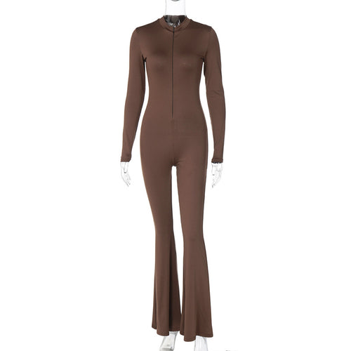 Solid Mock Neck Long Sleeve Zipper Flare Leg Jumpsuit