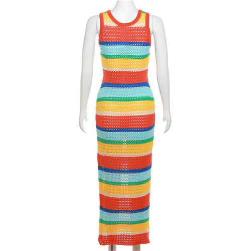 Nonstop Trippin' Crochet Sleeveless Striped Bodycon Maxi Dress