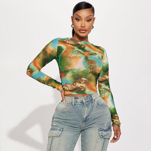 Women Clothing Autumn Casual Cropped Figure Printed round Neck Long Sleeved Fitted Sshirt Top