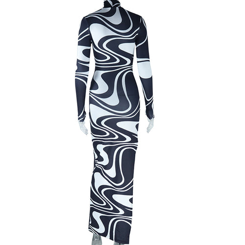 Printed High Collar Long Sleeve Maxi Dress