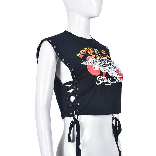 Rock N Roll Graphic Print Lace Up Cropped Top