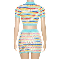 Let Me Pop Off Crochet Knit Striped Mini Skirt Set