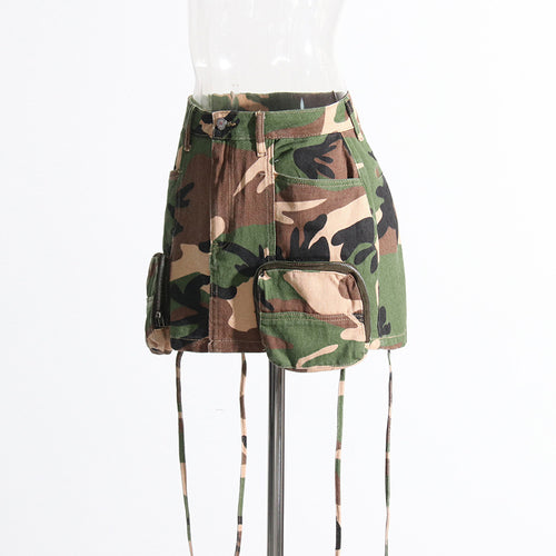 Tooling Short Skirt Unique Design Patchwork Pocket Camouflage Short Hip Hugger Skirt for Women