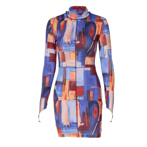 Printed Long Sleeve Turtleneck Dress