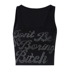 Don't Be A Boring Bitch Rhinestone Ribbed Cropped Tank