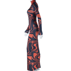 Printed High Collar Long Sleeve Maxi Dress
