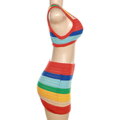 Nonstop Trippin' Crochet Sleeveless Striped Mini Skirt Set