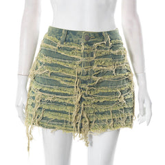 Distressed Out High Waist Denim Skirt