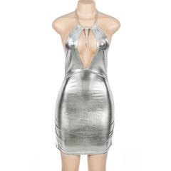 Stuntin' On You Metallic Halter Cutout Ruched Mini Dress