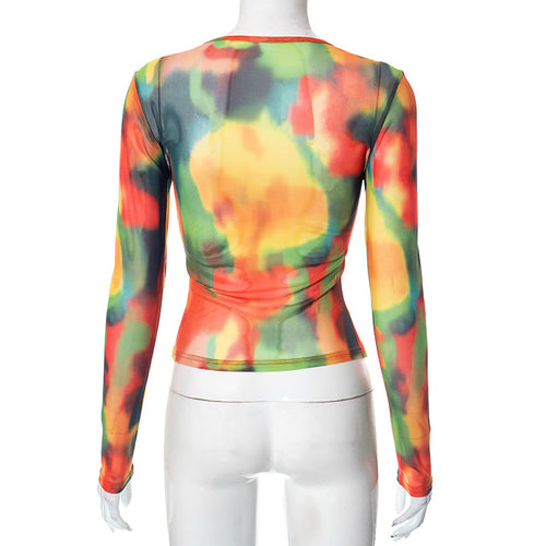 Watercolor Love Printed Mesh Long Sleeve Top