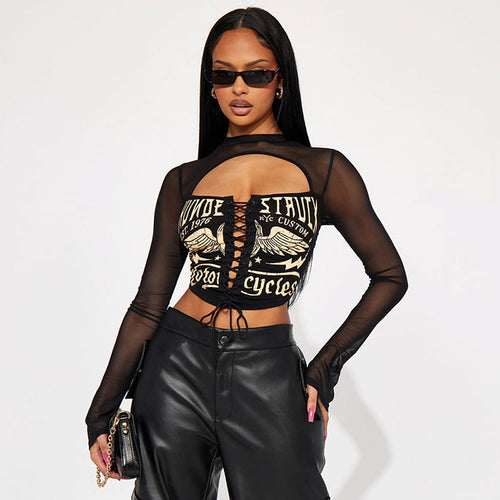 Moto Babe Lace Up Mesh Panel Long Sleeve Crop Top