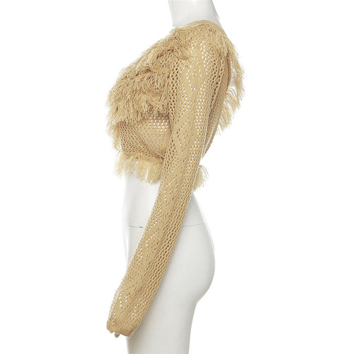 Free Soul One Shoulder Tassel Crochet Knit Cropped Sweater