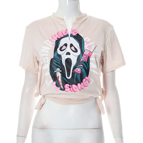 Ghost Face Notched Graphic Cropped Tee