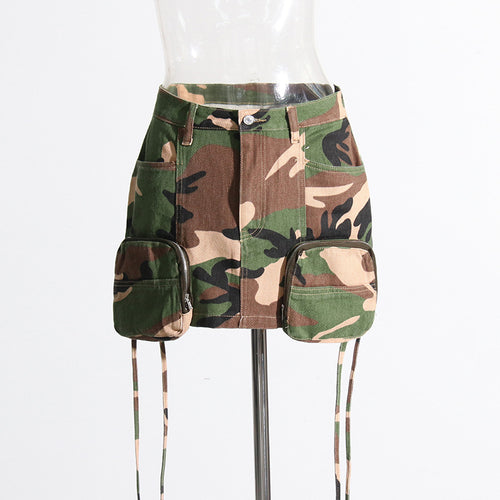 Tooling Short Skirt Unique Design Patchwork Pocket Camouflage Short Hip Hugger Skirt for Women