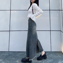 Raw Edge Denim Maxi Skirt