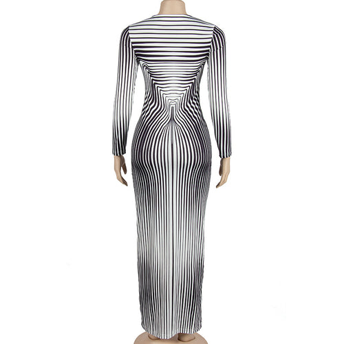 Autumn round Neck Long Sleeve Striped Print Slim Fit High Waist Maxi Dress