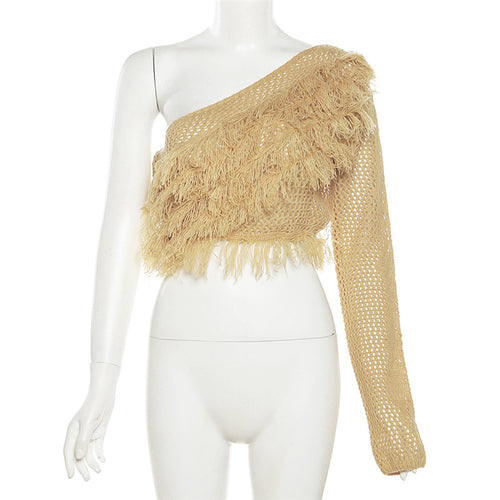 Free Soul One Shoulder Tassel Crochet Knit Cropped Sweater