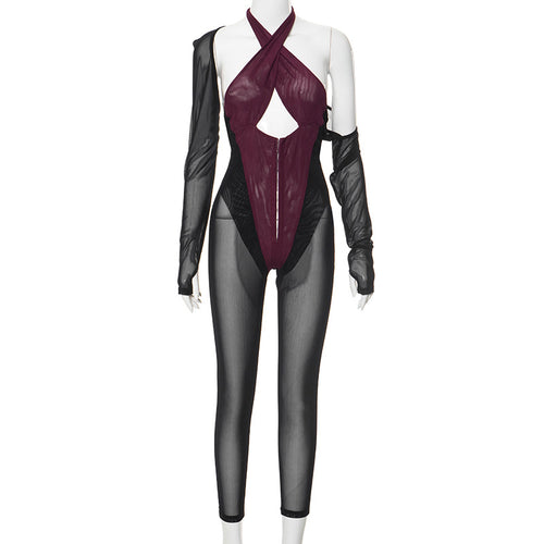 Kamari Long Sleeve Halter Corset Mesh Jumpsuit