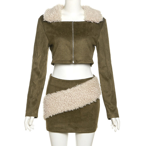 Cheyenne Long Sleeve Velvet Fur Trim Mini Skirt Set