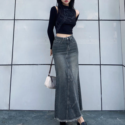 Raw Edge Denim Maxi Skirt