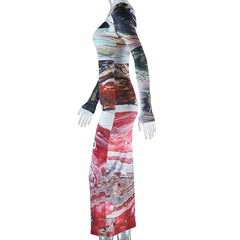 Printed Round Neck Long Sleeve Maxi Dress