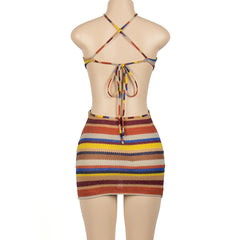 Bri Striped Backless Halter Crochet Knit Mini Dress