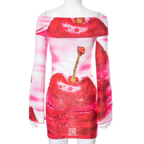 Juicy Like Cherries Printed Off Shoulder Bodycon Mini Dress