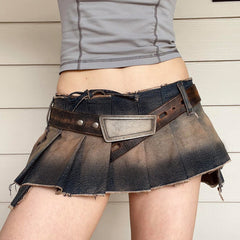 Hot Gossip Washed Low Waist Pleated Denim Micro Mini Skirt