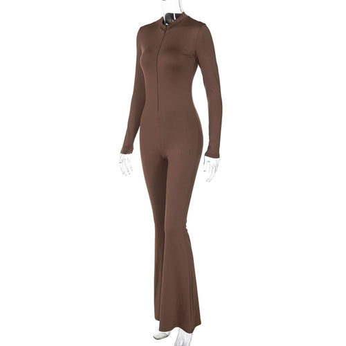 Solid Mock Neck Long Sleeve Zipper Flare Leg Jumpsuit