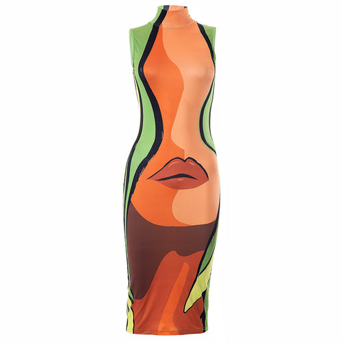 Read My Lips Mock Neck Sleeveless Printed Midi Dress