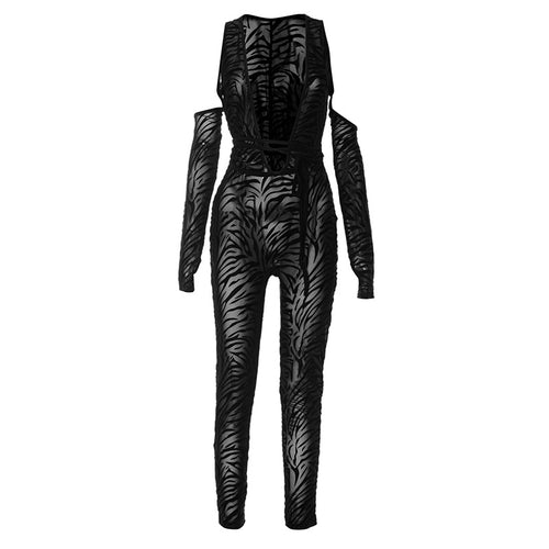 About That Animal Plunge Long Sleeve Mesh Jumpsuit