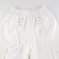 High Waist Eyelet Ribbon Straight Leg Cargo Pants