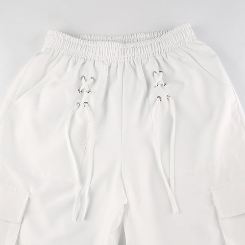 High Waist Eyelet Ribbon Straight Leg Cargo Pants