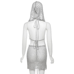 Marie Hooded Crochet Knit Shimmer Mini Skirt Set