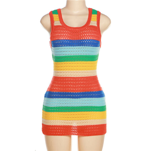 Nonstop Trippin' Crochet Sleeveless Striped Bodycon Mini Dress